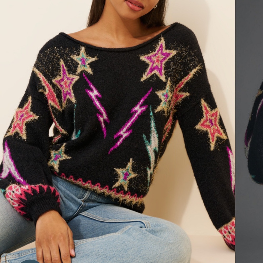New Anthropologie x Pilcro Sparkle-Star Pullover Black Sz XS Bowie Lightning